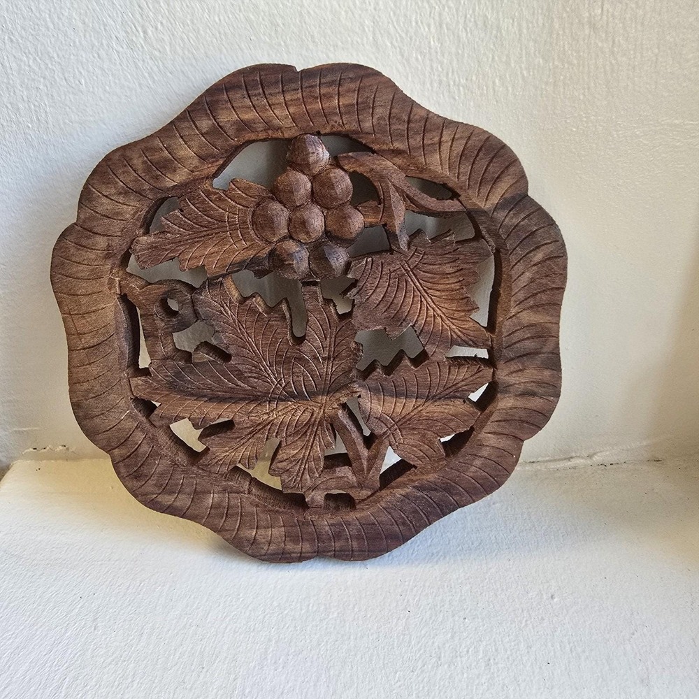 Vintage Hand Carved Wood Trivet Pair India Openwork Floral‎ Grape Leaf Hot Plate